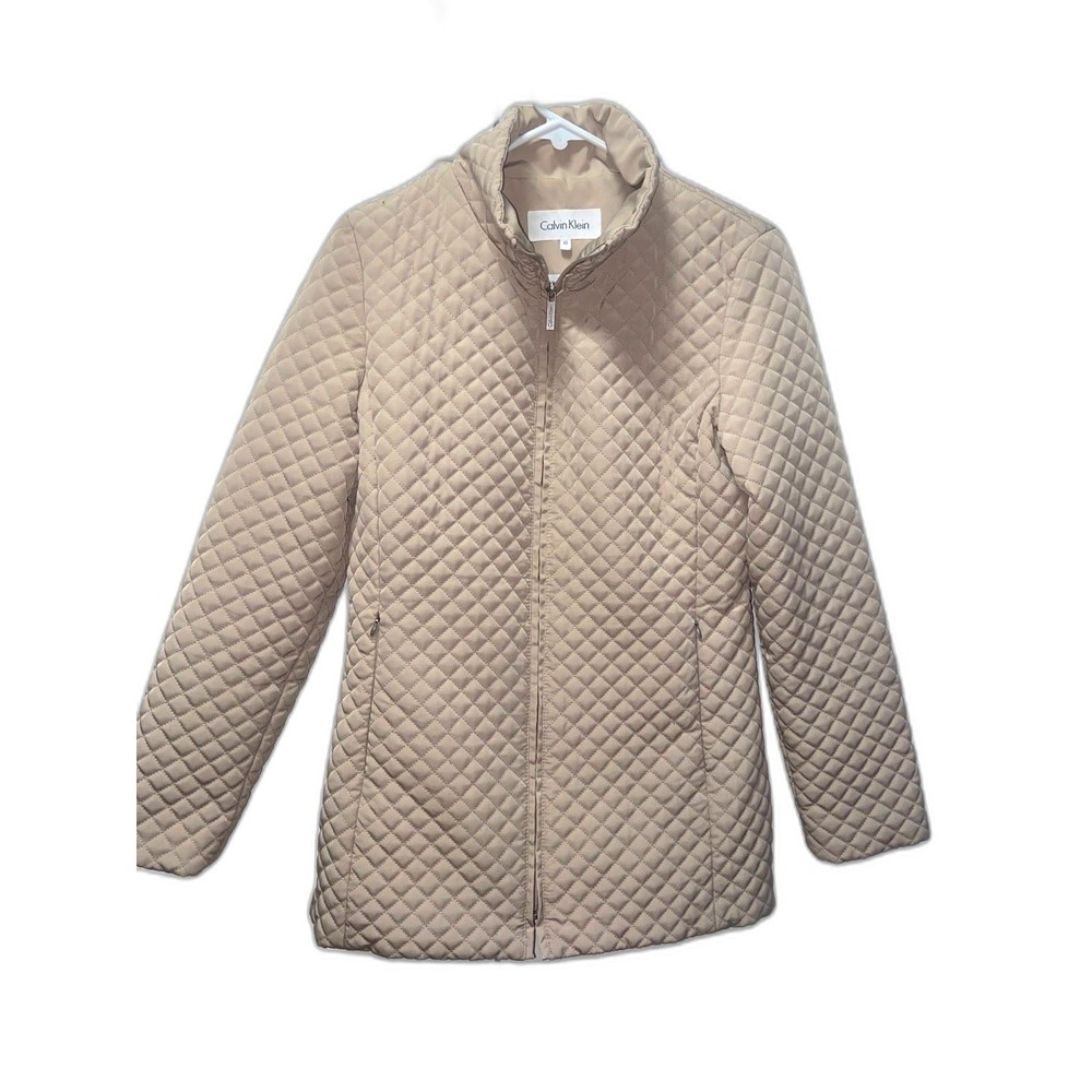 Calvin Klein Womens Tan Quilted Faux Fur Lined Zip‎ Front Jacket XS Beige